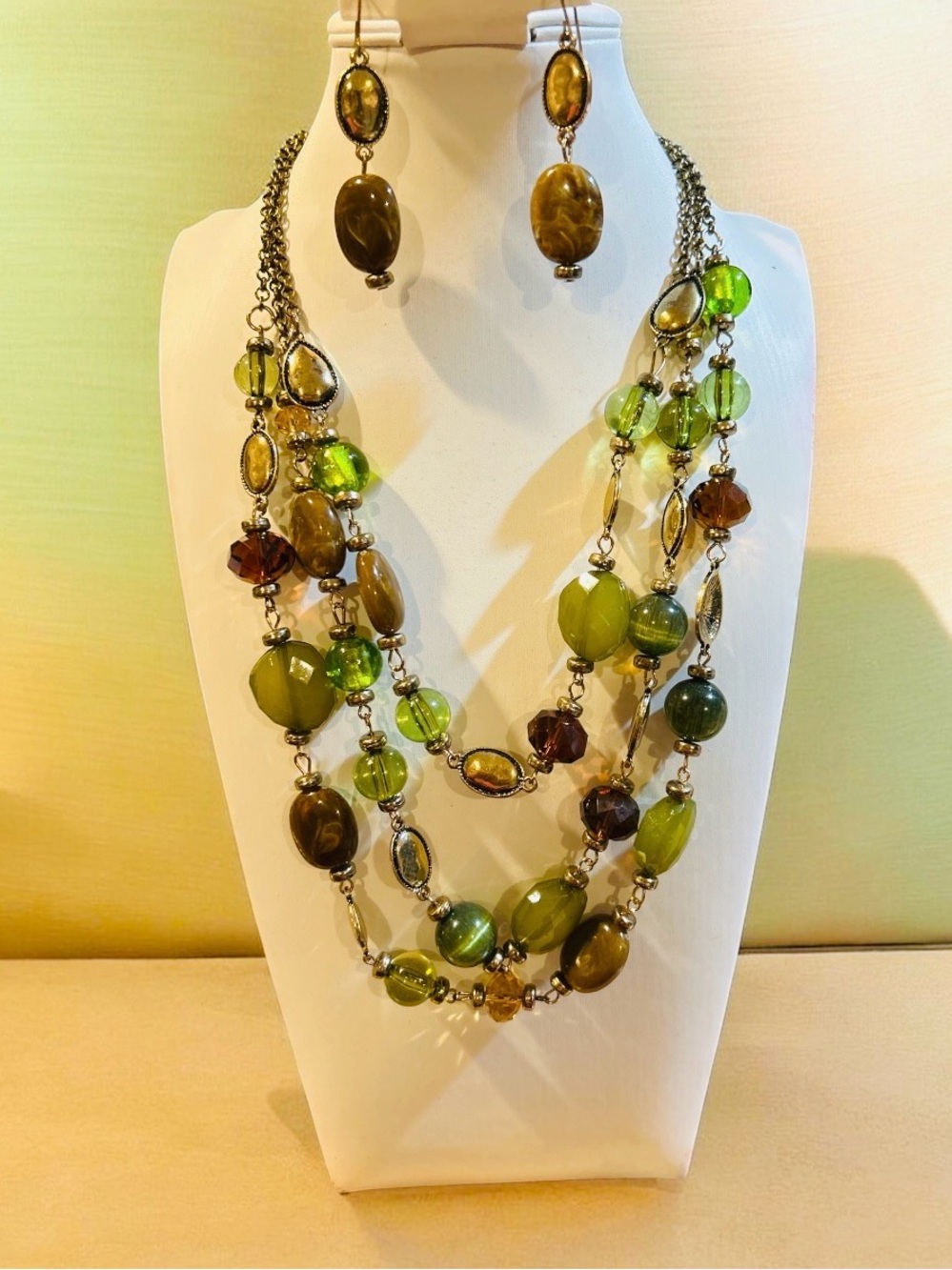 Multi-Strand Olive Green and Brown Bead Necklace with Matching Earrings
